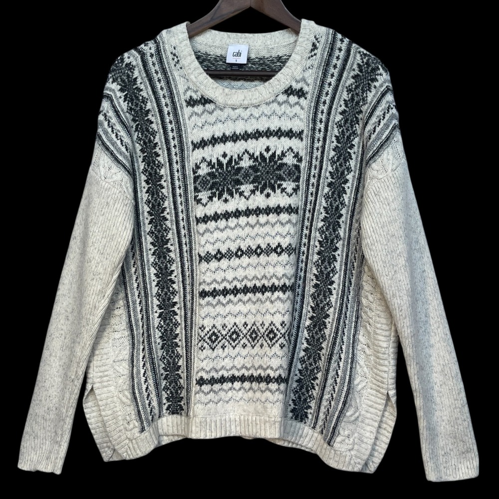 Cabi Fair Isle Sweater Womens Small Ivory Grey Nordic Metallic Crew Neck 4410